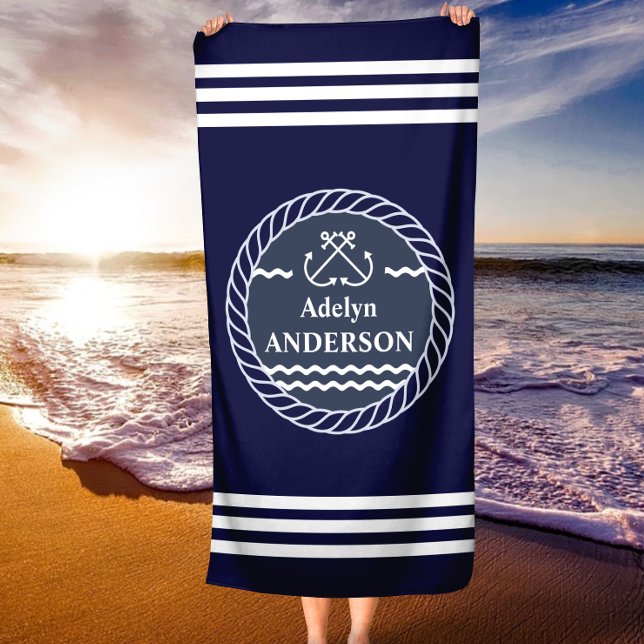 Ancre marine et corde Serviette de plage personnal (Navy Anchor and Rope Personalized Beach Towel)