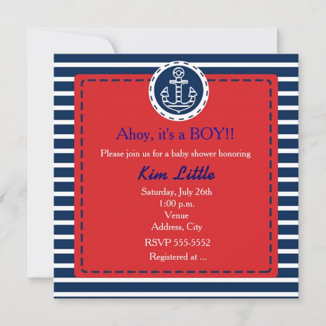Ancre marine Invitation Baby shower rouge (Devant)