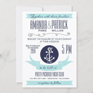Ancre moderne Bleu Nautique Mariage Invitations