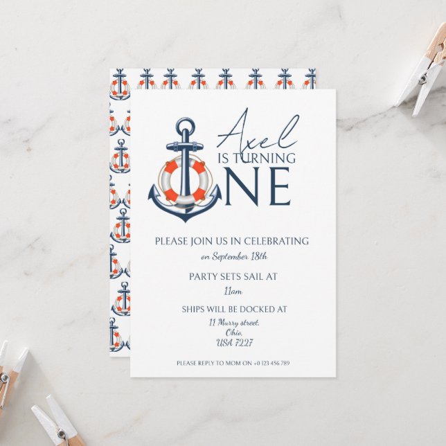 Ancre Nautical Boy Invitation de fête d'anniversai (Devant/Arrière en situation)