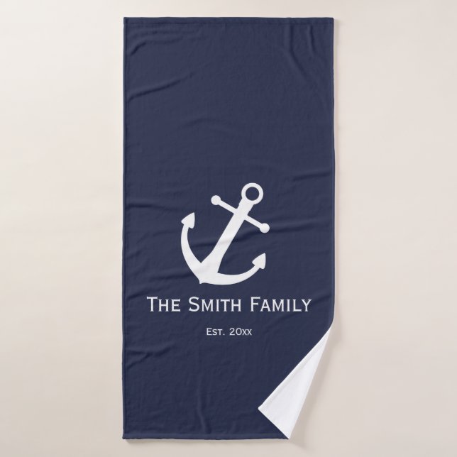 Ancre Nautical Dark Blue et White Name (Serviette de bain)