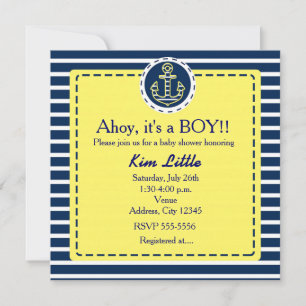 Ancre nautique Baby shower bleu jaune Invitation