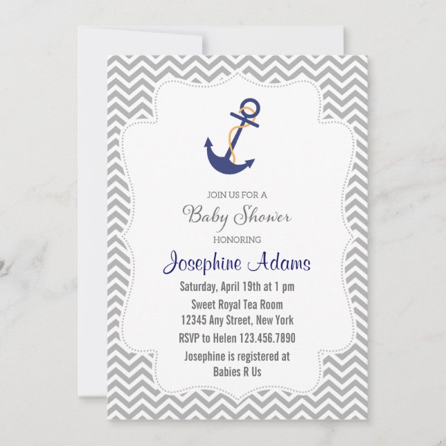Ancre nautique Baby shower Invitation Grey (Devant)
