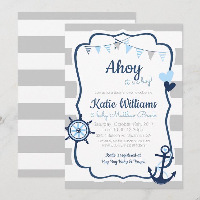 Ancre nautique Blue Boy Baby shower Invitation (Devant / Derrière)