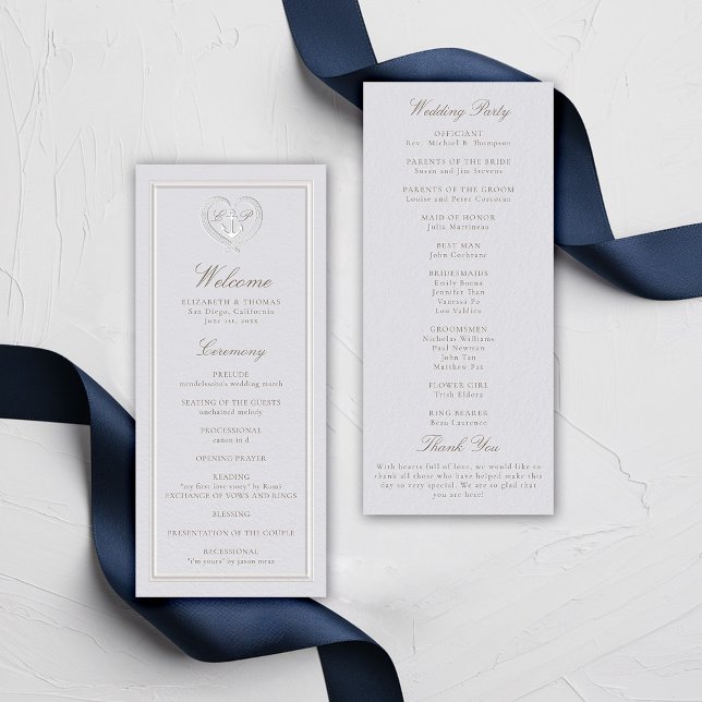 Ancre nautique Crest Crest Classic Wedding Program (nautical wedding program classic formal traditional frame faux embossed anchor crest monograms)