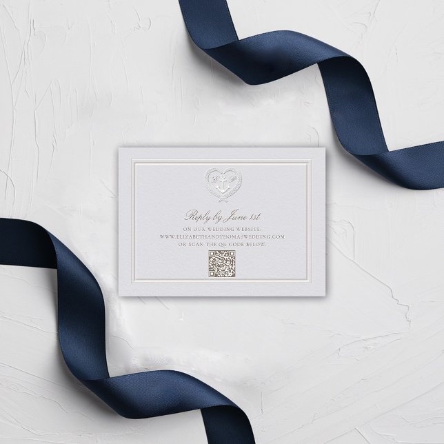 Ancre nautique Crest Formel QR Mariage Réponse (nautical wedding RSVP QR classic formal traditional frame faux embossed anchor crest monograms)