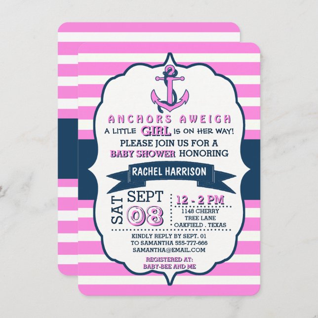 Ancre nautique de la fille Bébé Douche Invitations (Devant / Derrière)