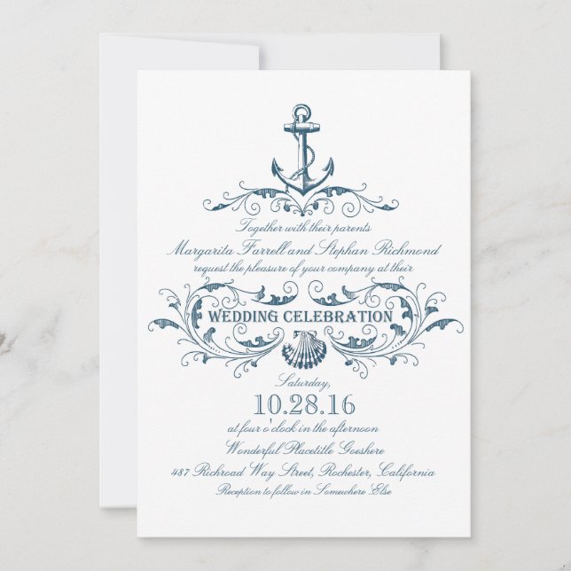 ancre nautique et coquillage plage invitations de  (Devant)