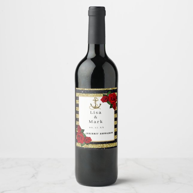 Ancre nautique Gold Black Stripes Étiquettes de vi (Devant)