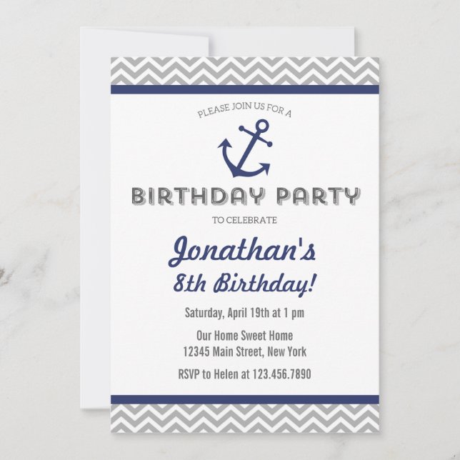 Ancre nautique Invitation Anniversaire Marine Bleu (Devant)