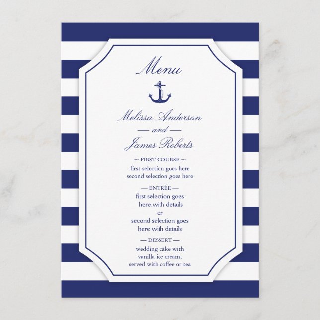 Ancre nautique Marine Blue Stripe Mariage Menu (Devant)