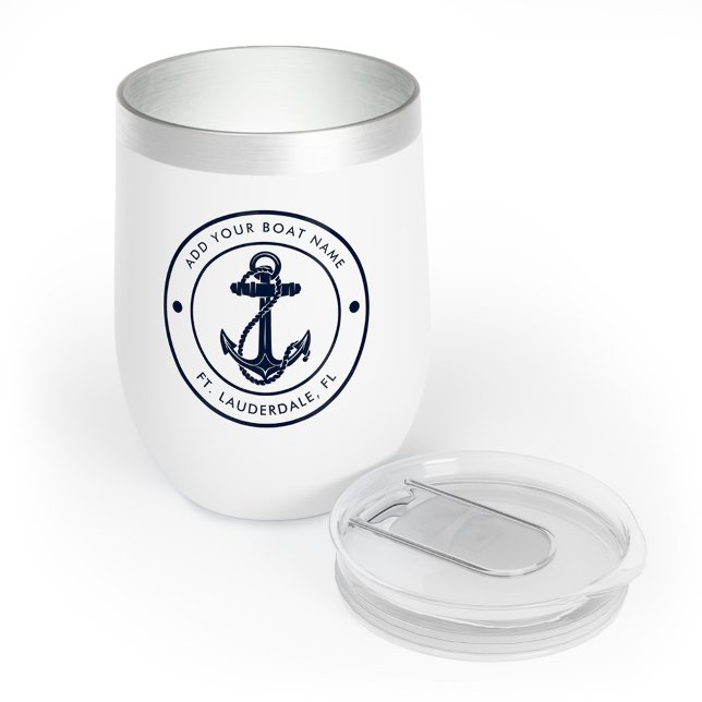 Ancre nautique Nom du bateau Marine Blue Boat Cust (Nautical Anchor Navy Blue Typography Boat Name Wine Tumbler)