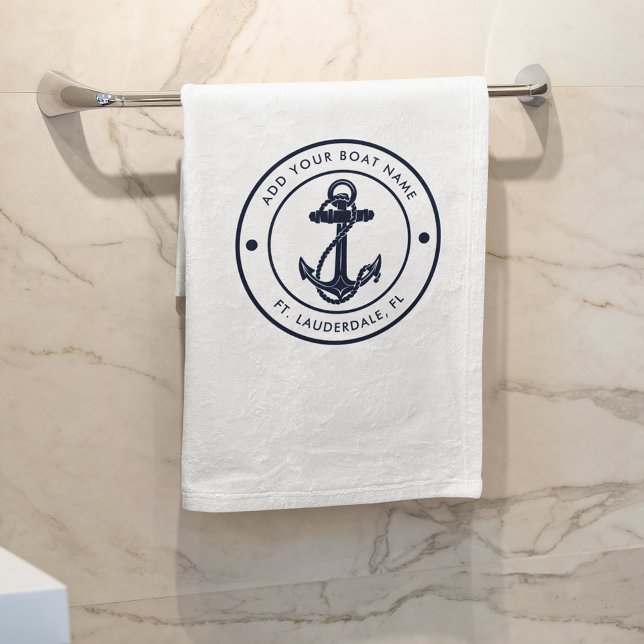 Ancre nautique Nom du bateau Marine Blue Boat Cust (Nautical Anchor White Bath Towel)