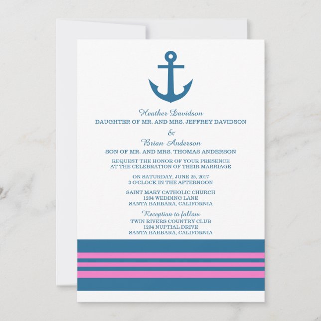 Ancre Nautique Rose Bleu Invitation (Devant)