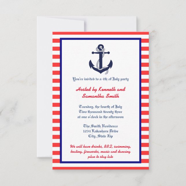 Ancre rouge blanc et bleu - Invitation 3x5 Party (Devant)