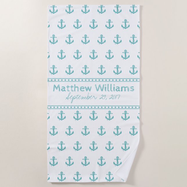 Ancre turquoise nautique Serviette de plage person (Devant)