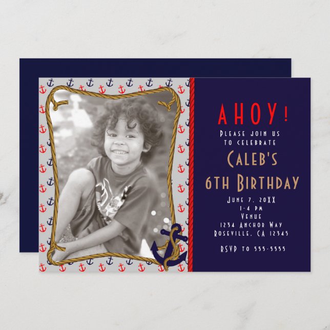 Ancres bleues et rouges nautiques Invitation photo (Devant / Derrière)