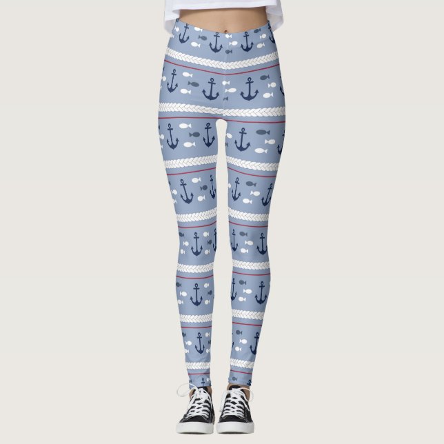 Ancres nautiques bleues et blanches Leggings (Devant)