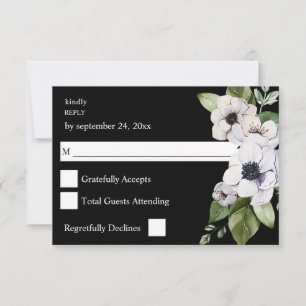 Anémone Floral Blanc pas de RSVP de repas - Noir