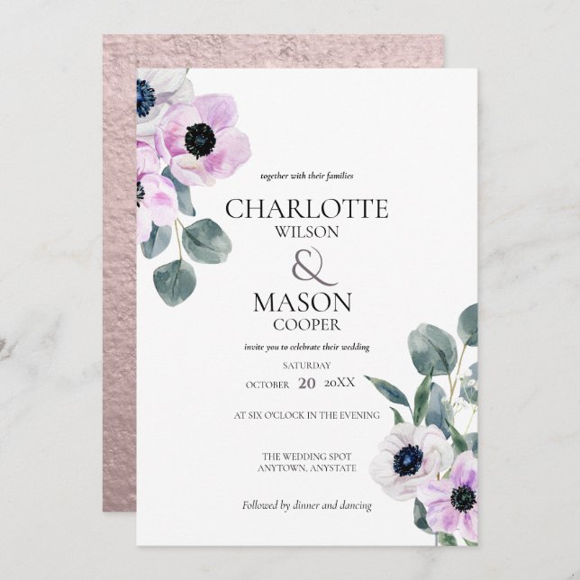 Anémones Aquarelle Fleurs Mariage Invitations (Devant / Derrière)