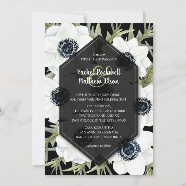 Anemones Botanical Black and White Wedding Invite (Devant)