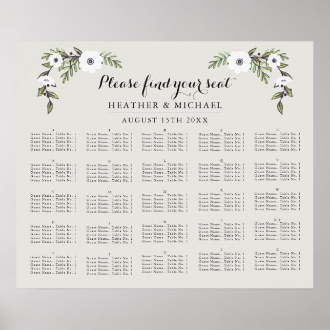 Anémones peintes - Tableau de sièges alphabétiques (Devant)