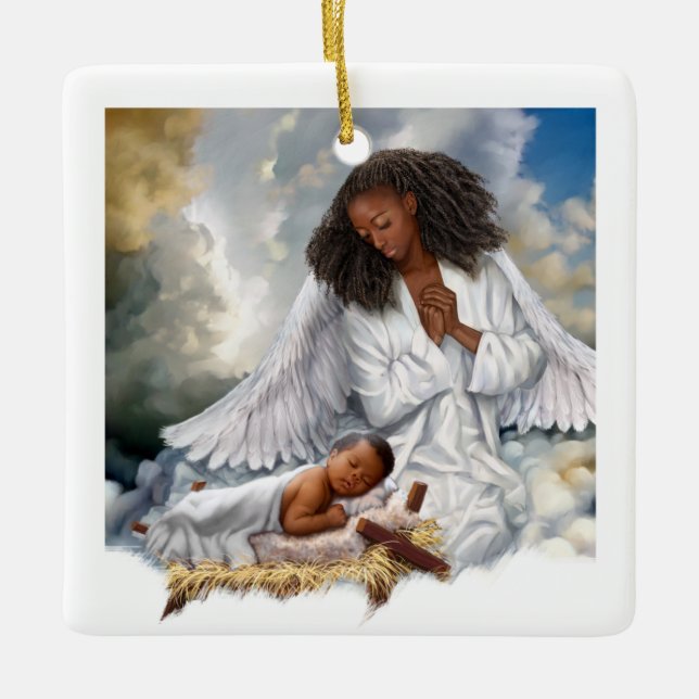 Ange Afro et bébé Jésus ornements de Noël (Devant)