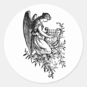Ange Avec Harpe Et Sticker Classique Flora Rond