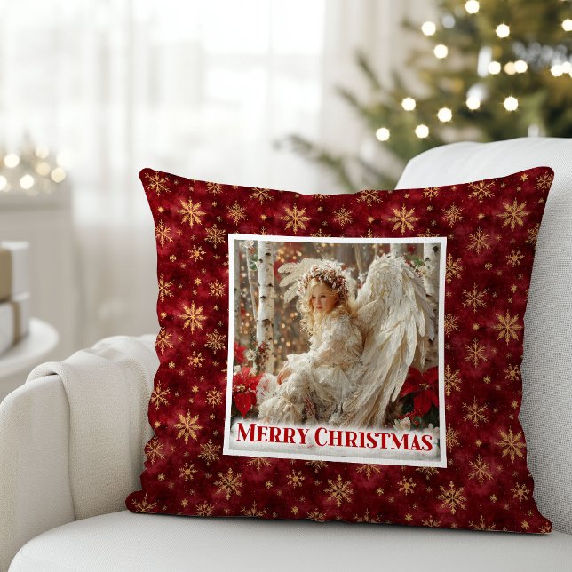 Ange de Noël céleste angélique oreiller rouge or (Angelic heavenly Christmas angel red gold pillow)