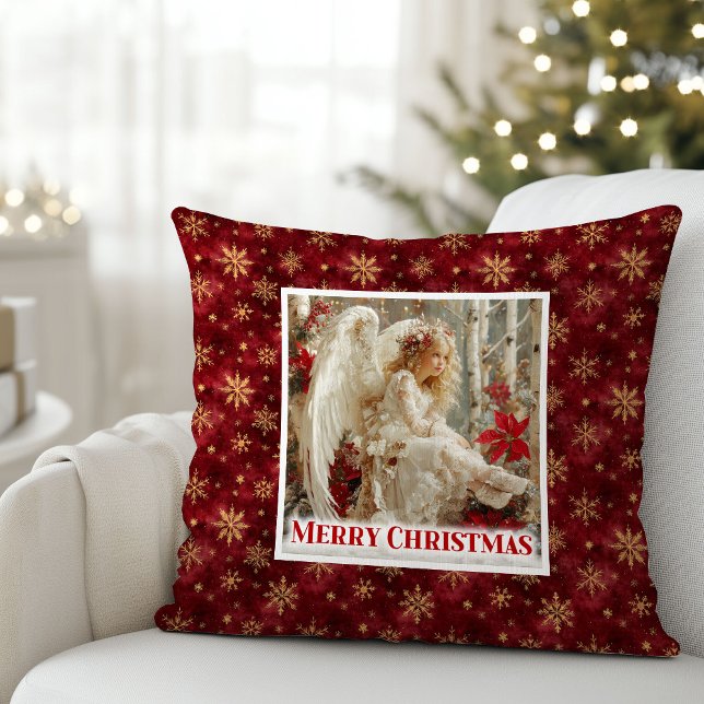Ange victorien fée rouge or Noël oreiller (Fairy Victorian Angel Red and Gold Christmas Pillow)