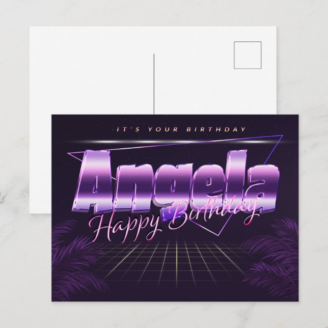 Angela prénom carte postale violette anniversaire (Devant / Derrière)