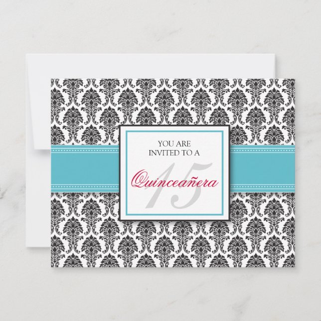 ANGLAIS Aqua Damask Quinceanera Invitation (Devant)