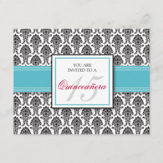 ANGLAIS Aqua Damask Quinceanera Invitation