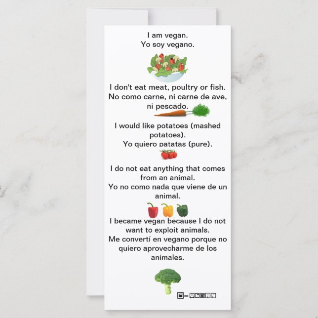 Anglais espagnol PhrasesVegan Feuille de triche (Devant)