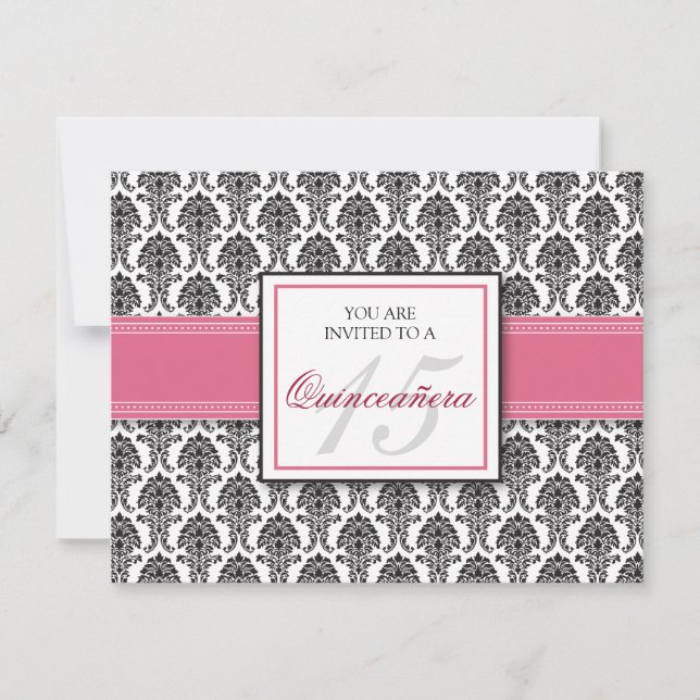 ANGLAIS Rose rose Damask Quinceanera Invitation (Devant)