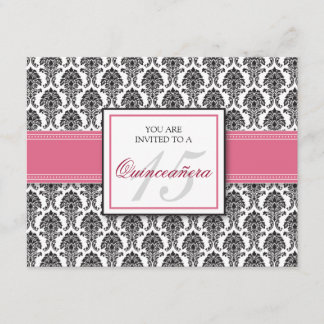 ANGLAIS Rose rose Damask Quinceanera Invitation