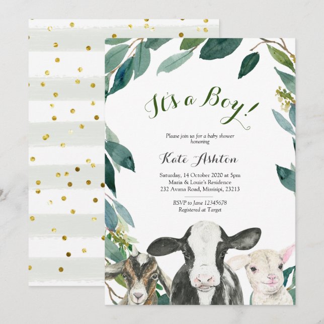 Animal de ferme verdure Boy Baby shower Invitation (Devant / Derrière)