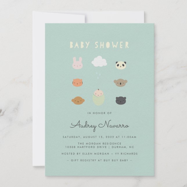 Animal Friends Baby shower Invitation Turquoise (Devant)