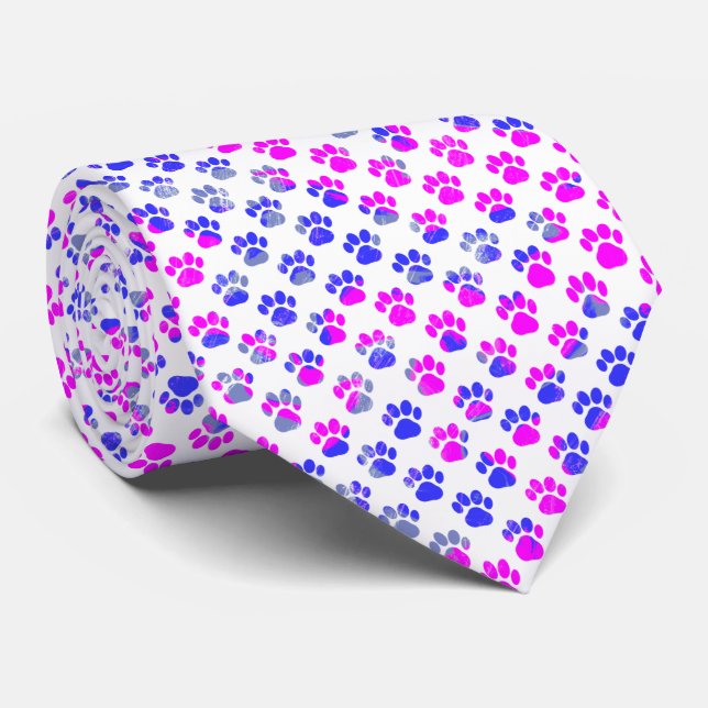 Animal Paw Silhouette bleu rose sur Cravate blanc (Roulé)