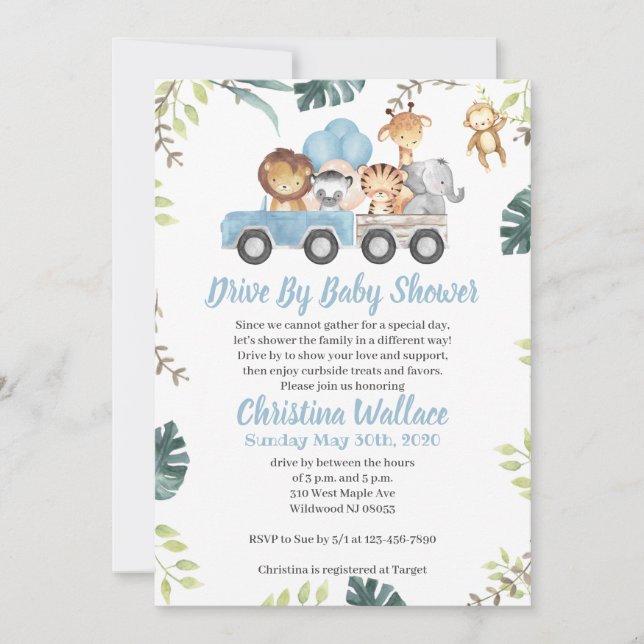 Animale Drive By Baby Shower Invitations for Boys (Devant)