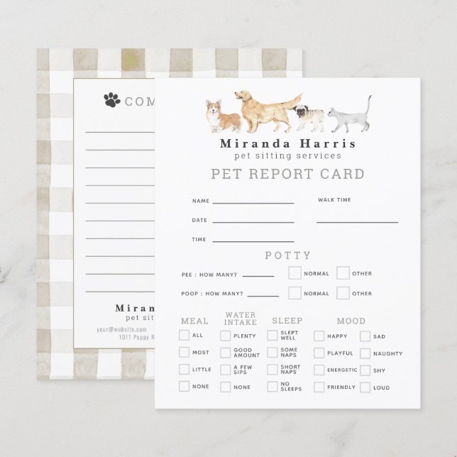 Animals Pet Sitter Dog Walker Pet Report Card (Devant / Derrière)