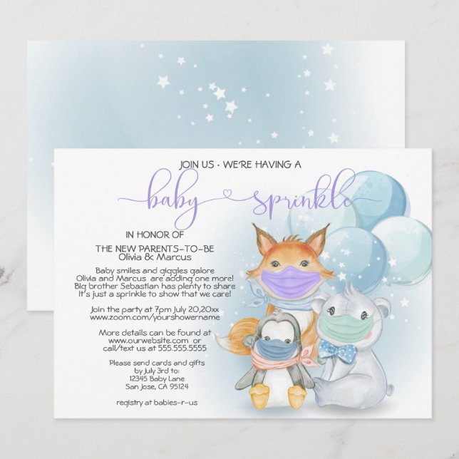 Animaux arctiques bleus en masques Invitation Baby (Devant / Derrière)