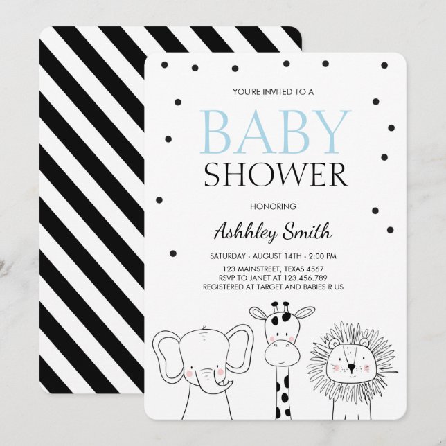 Animaux Baby shower invitation Zoo Safari Jungle B (Devant / Derrière)