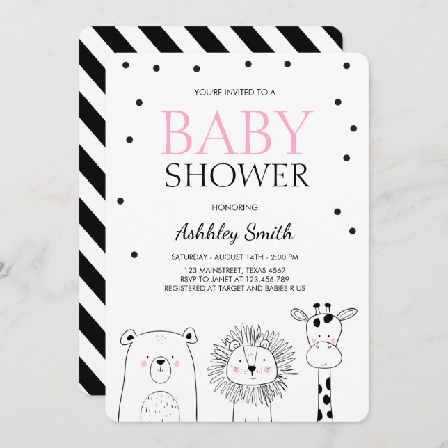 Animaux Baby shower invitation Zoo Safari rose mod (Devant / Derrière)