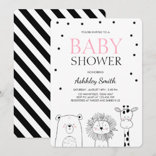 Animaux Baby shower invitation Zoo Safari rose mod