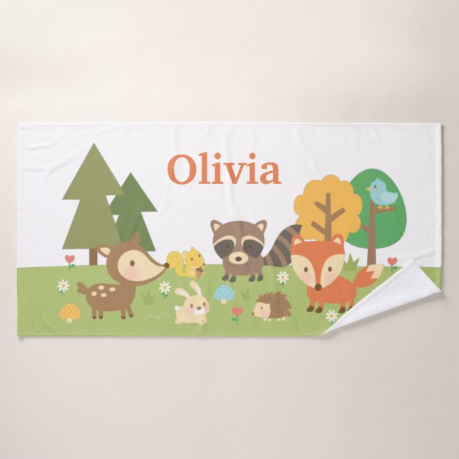 Animaux boisés mignons Cerf Fox Raccoon Enfants (Serviette de bain)
