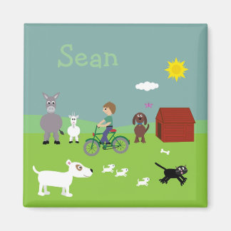 Animaux caricaturaux et garçon sur aimant de vélo