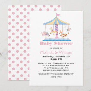 Animaux Carousel Baby Girl Douche Invitation