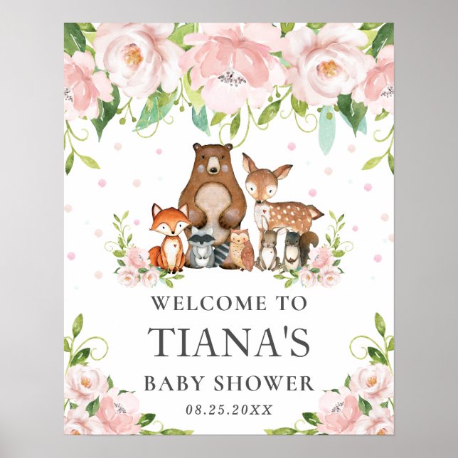 Animaux de bois Baby shower floral Affiche de bien (Devant)
