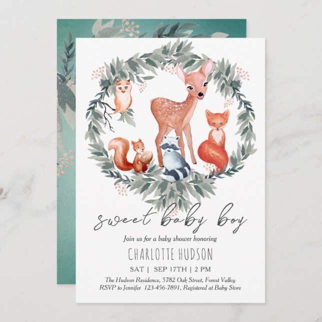 Animaux de bois Baby shower Invitation garçon (Devant / Derrière)